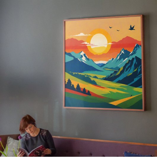 レトロマウンテンランドスケープ自然イラストレーション ポスター