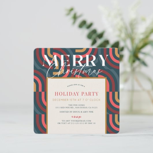 レトロマクシマリスト幾何学ティール（緑がかった色）クリスマス 招待状 (スタンド正面)