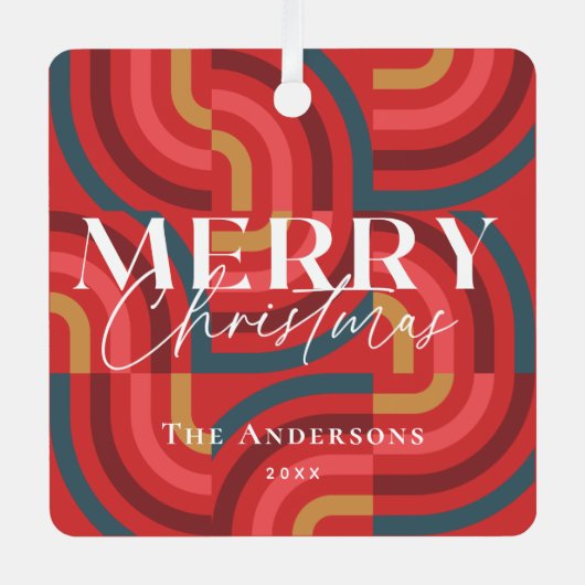 レトロマクシマリスト幾何学赤クリスマスフォト メタルオーナメント (正面)