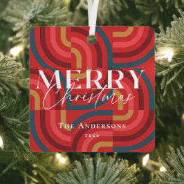 レトロマクシマリスト幾何学赤クリスマスフォト メタルオーナメント