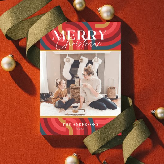 レトロマクシマリスト幾何学赤クリスマスフォト 招待状