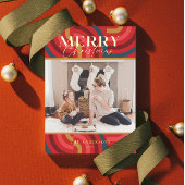 レトロマクシマリスト幾何学赤クリスマスフォト 箔招待状