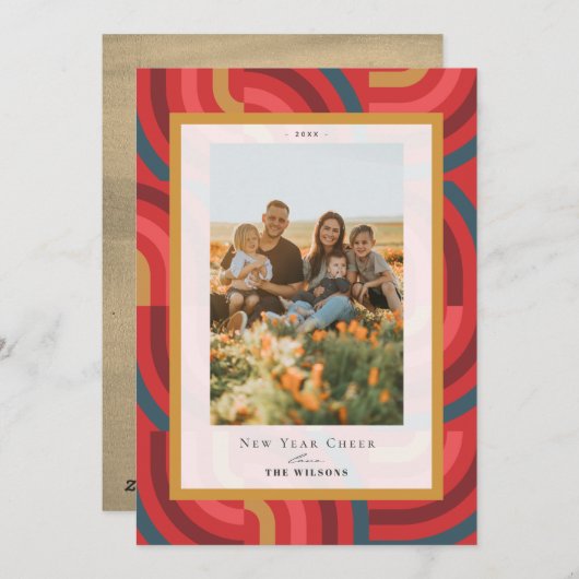 レトロマクシマリスト幾何学赤2写真新年 シーズンカード (正面/裏面)
