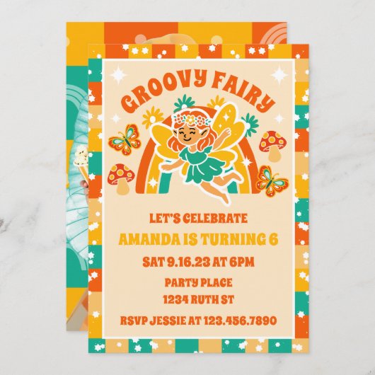 レトロマジカルフェアリーガーデンフローラ誕生日写真 招待状 (正面/裏面)