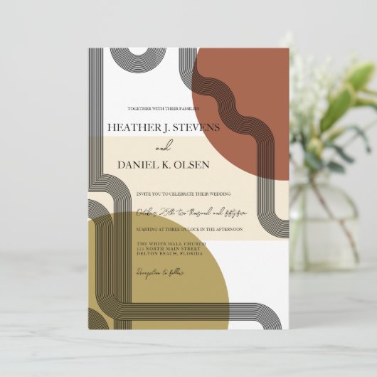 レトロマスタードベージュテラコッタ結婚抽象芸術 招待状 (スタンド正面)