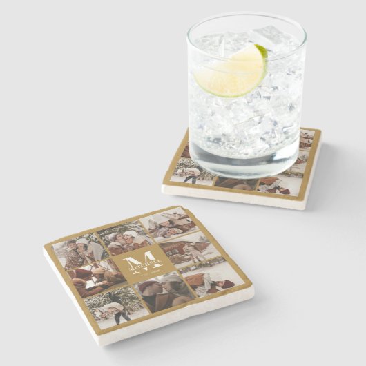 レトロマスタードモノグラムイニシャルファミリー名写真 ストーンコースター (横)