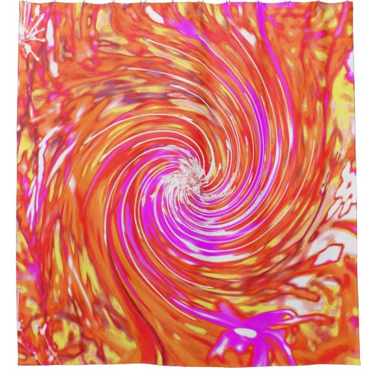 レトロマゼンタと秋の色のフローラの渦巻き シャワーカーテン (正面)