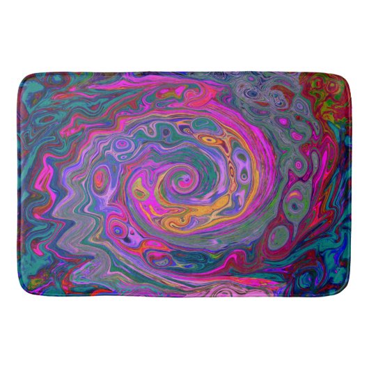 レトロマゼンタ、緑、オレンジの抽象芸術旋回 バスマット (正面)