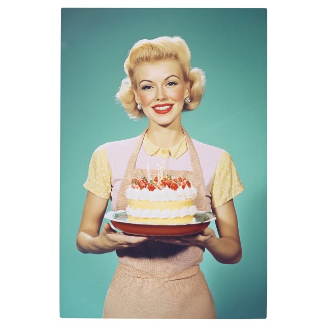 レトロママお祝いケーキ持ち メタルプリント (正面)