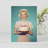 レトロママお祝いケーキ持ち 招待状 (スタンド正面)