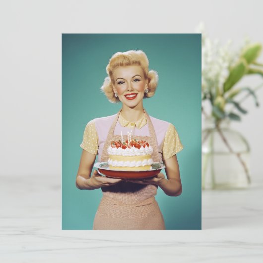 レトロママお祝いケーキ持ち 招待状 (スタンド正面)