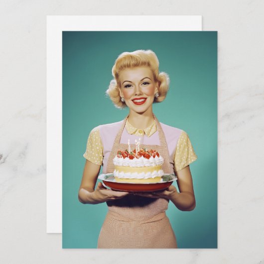 レトロママお祝いケーキ持ち 招待状 (正面/裏面)