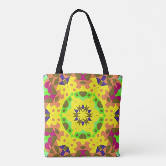 レトロマンダラフラワーイエローオレンジグリーンとピンク トートバッグ (裏面)