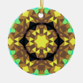 レトロマンダラフラワーイエローブルーとグリーン セラミックオーナメント (正面)
