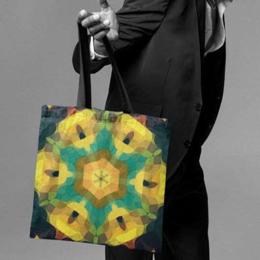 レトロマンダラフラワーイエローブルーとグリーン トートバッグ