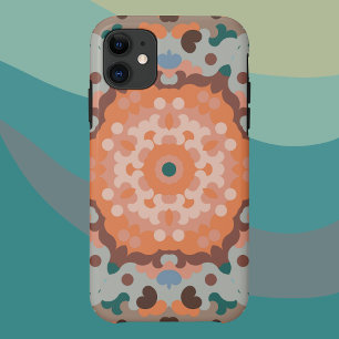 レトロマンダラフラワーオレンジブルーとブラウン iPhone 11 ケース