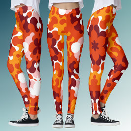 レトロマンダラフラワーオレンジホワイトとイエロー レギンス