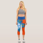 レトロマンダラフラワーオレンジホワイトとブルー カプリレギンス (正面)