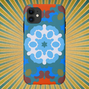 レトロマンダラフラワーオレンジホワイトとブルー iPhone 11 ケース