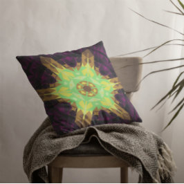 レトロマンダラフラワーグリーンイエローとパープル クッション