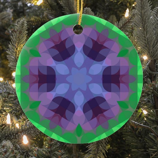 レトロマンダラフラワーパープルとグリーン セラミックオーナメント