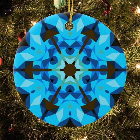 レトロマンダラフラワーブルーとオレンジ セラミックオーナメント