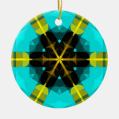 レトロマンダラフラワーブルーイエローとブラック セラミックオーナメント (正面)