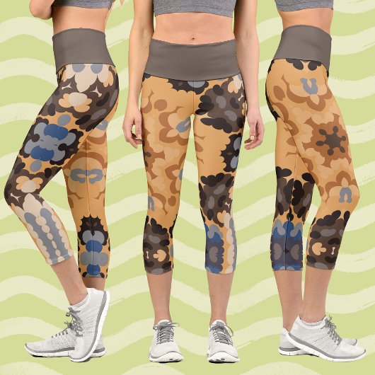 レトロマンダラフラワーブルーオレンジとブラウン カプリレギンス