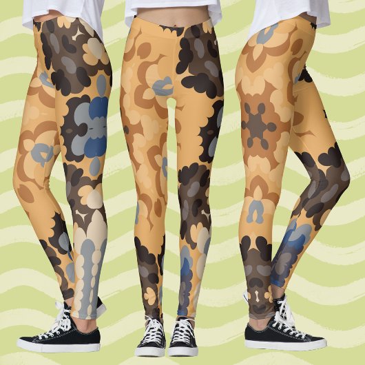 レトロマンダラフラワーブルーオレンジとブラウン レギンス