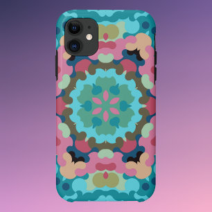 レトロマンダラフラワーブルーピンクとグリーン iPhone 11 ケース