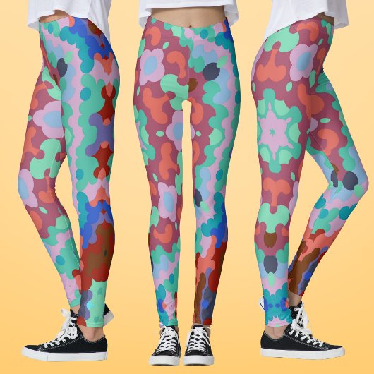 レトロマンダラフラワーブルーレッドとティール（緑がかった色） レギンス