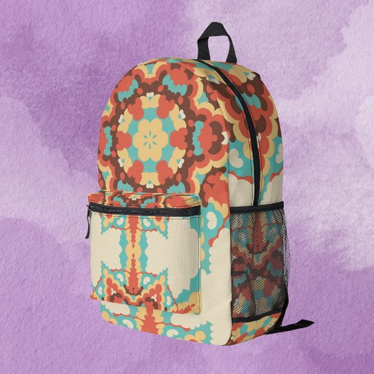 レトロマンダラブルーレッドとイエロー プリントバックパック