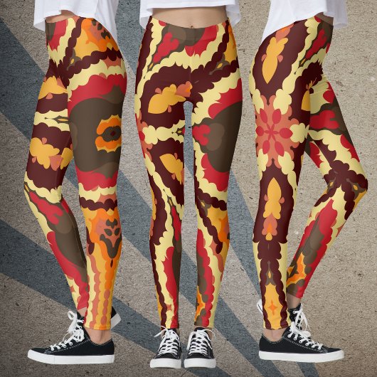 レトロマンダラレッドオレンジとブラウン レギンス