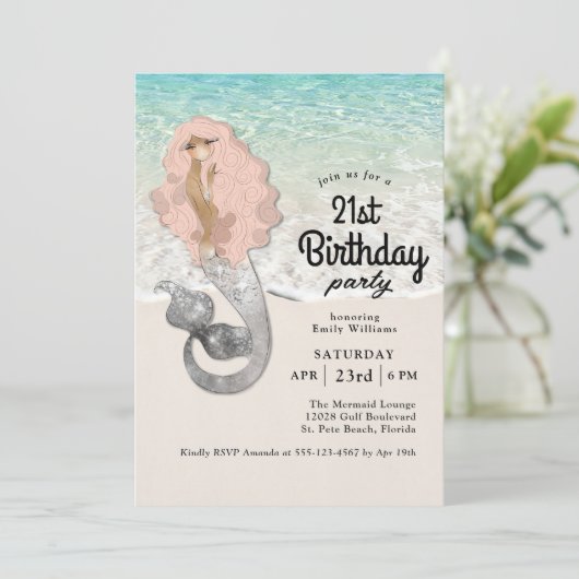 レトロマーメイドビーチテーマ21st誕生日 招待状 (スタンド正面)