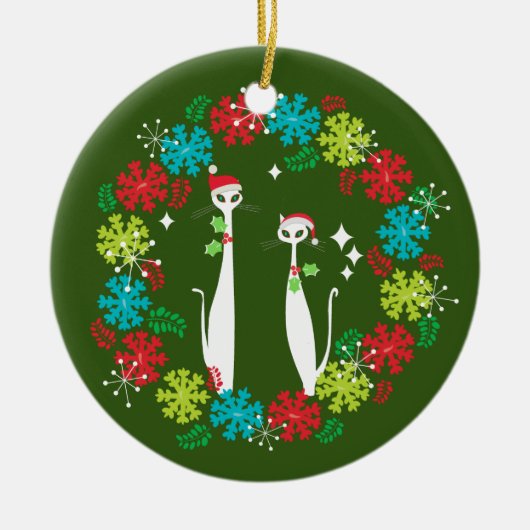 レトロミッドセンチュリモダンーキャットククールリスマスリース セラミックオーナメント (正面)