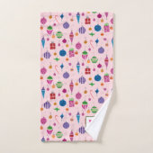 レトロミッドセンチュリーオーナメント手描きピンク バスタオルセット (ハンドタオル)