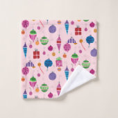 レトロミッドセンチュリーオーナメント手描きピンク バスタオルセット (ウォッシュタオル)