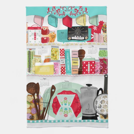 レトロミッドセンチュリーキッチン2026カレンダー キッチンタオル (縦)