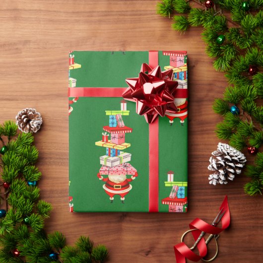 レトロミッドセンチュリークリスマスサンタとギフト ラッピングペーパー (クリスマスギフト)