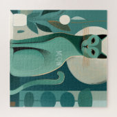 レトロミッドセンチュリーグリーンキャット ジグソーパズル (横)