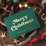 レトロミッドセンチュリーグリーンメリークリスマス 箔シーズンカード<br><div class="desc">メリークリスマスカード：クラシックのレトロなデザインで、金ゴールドフォイルとクラシックの緑の背景モダンに中世紀のタイポグラフィ。</div>