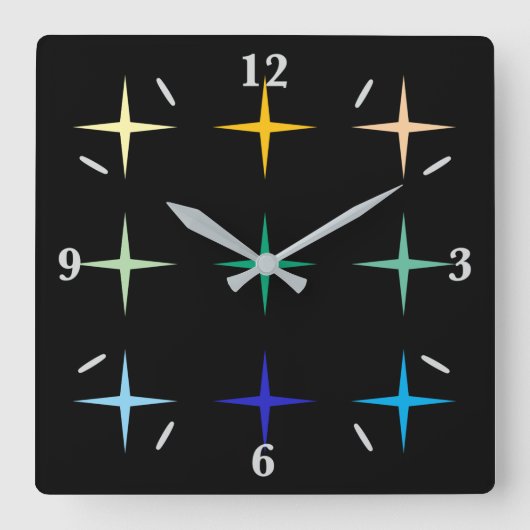 レトロミッドセンチュリージオメトリックスターズアートデザイン スクエア壁時計 (正面)