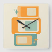 レトロミッドセンチュリージオメトリック抽象芸術ティール(緑がかった色)オレンジ スクエア壁時計 (正面)