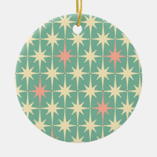 レトロミッドセンチュリースターパターンピンクとティール(緑がかった色)ミント セラミックオーナメント (正面)