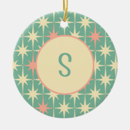 レトロミッドセンチュリースターパターンピンクティール（緑がかった色）付き/イニシャル セラミックオーナメント