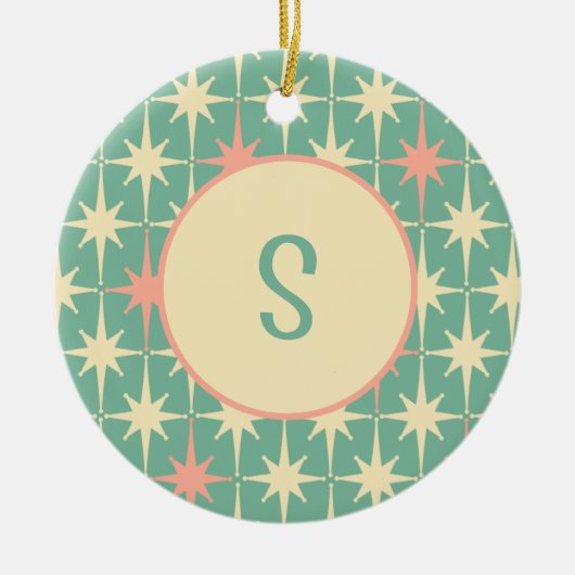 レトロミッドセンチュリースターパターンピンクティール（緑がかった色）付き/イニシャル セラミックオーナメント (正面)