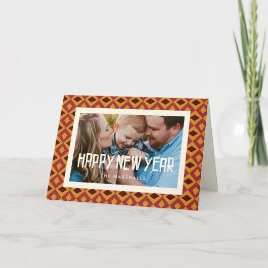 レトロミッドセンチュリーパターンハッピー新年の写真 シーズンカード (正面)