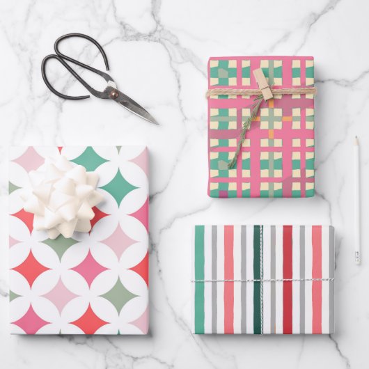 レトロミッドセンチュリーピンクグリーンパターン ラッピングペーパーシート (正面)