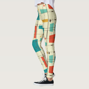 レトロミッドセンチュリーモダンアトミック宇宙エイジティール（緑がかった色）レッド レギンス