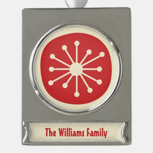 レトロミッドセンチュリーモダンアトミック時代ミニマリスト シルバープレートバナーオーナメント (正面)